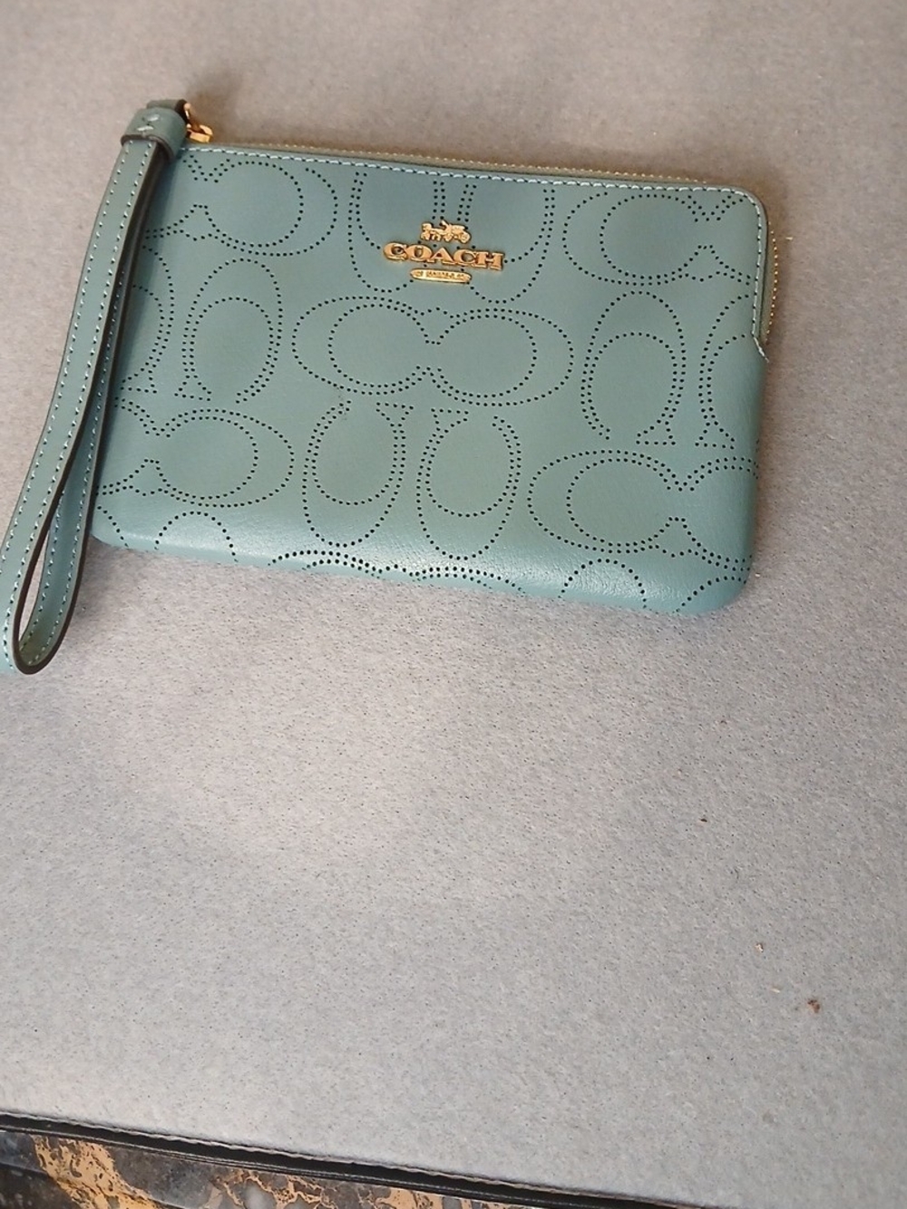 Coach Perforated Signature Wristlet in Teal